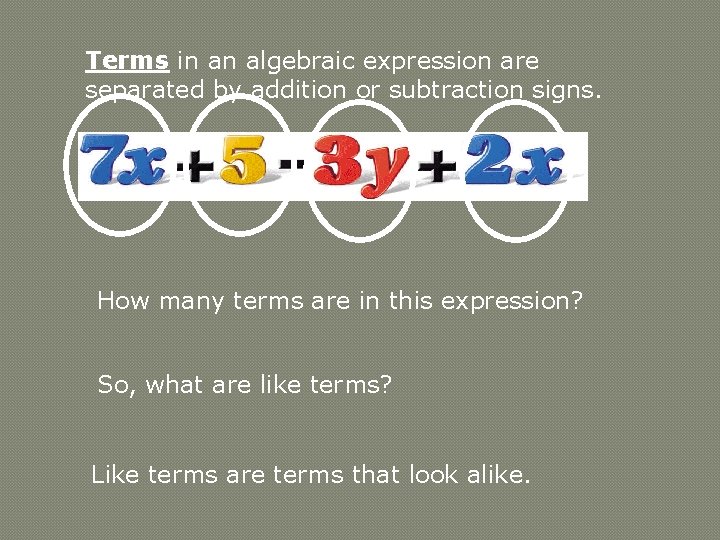 Terms in an algebraic expression are separated by addition or subtraction signs. How many