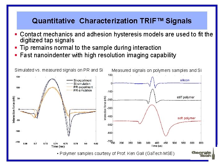 Quantitative Characterization TRIF™ Signals § Contact mechanics and adhesion hysteresis models are used to