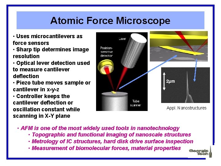 Atomic Force Microscope • Uses microcantilevers as force sensors • Sharp tip determines image