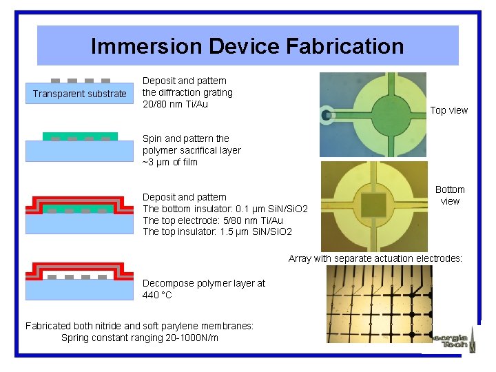 Immersion Device Fabrication Transparent substrate Deposit and pattern the diffraction grating 20/80 nm Ti/Au