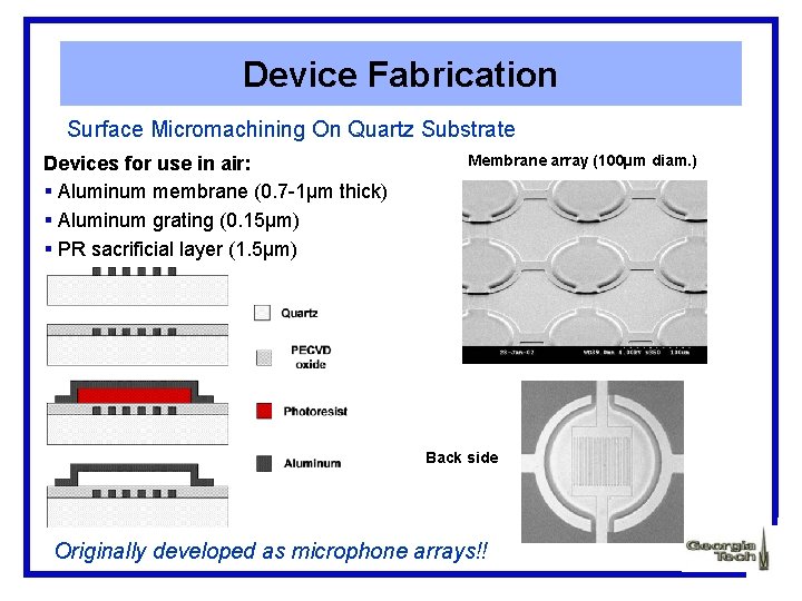 Device Fabrication Surface Micromachining On Quartz Substrate Devices for use in air: § Aluminum