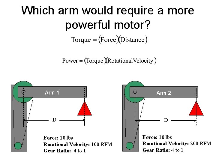 Which arm would require a more powerful motor? Arm 1 D Force: 10 lbs