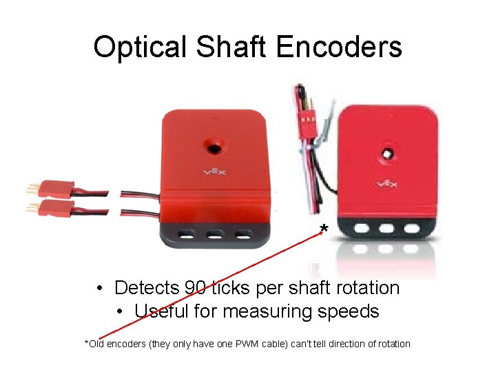 Optical Shaft Encoders * • Detects 90 ticks per shaft rotation • Useful for