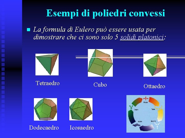 Esempi di poliedri convessi n La formula di Eulero può essere usata per dimostrare