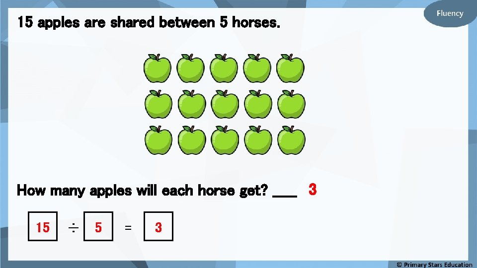 15 apples are shared between 5 horses. How many apples will each horse get?