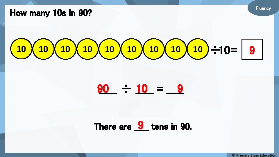 Fluency How many 10 s in 90? 10 10 10 = _____ 9 90