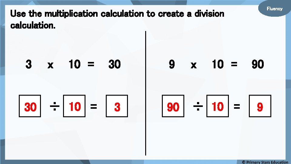 Fluency Use the multiplication calculation to create a division calculation. 3 x 10 =