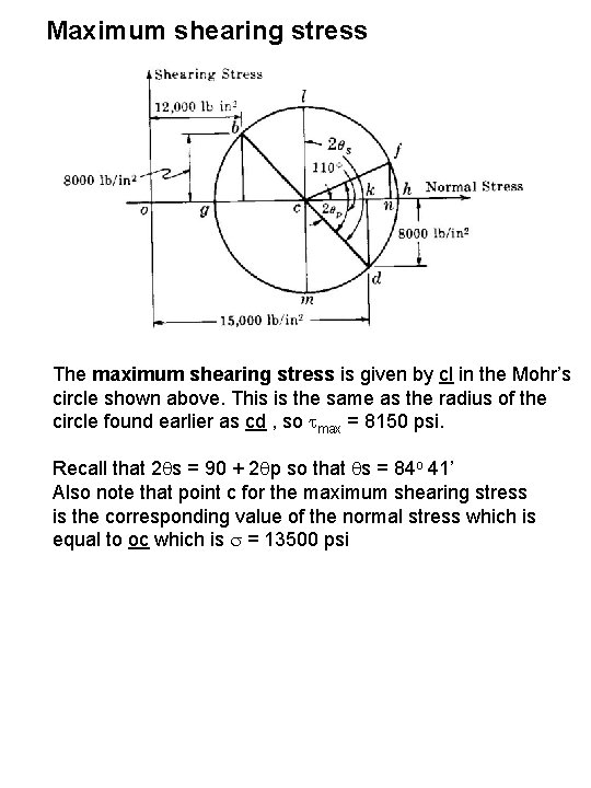 Maximum shearing stress The maximum shearing stress is given by cl in the Mohr’s