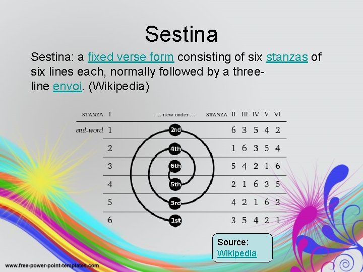 Sestina: a fixed verse form consisting of six stanzas of six lines each, normally Sestina: a fixed verse form consisting of six stanzas of six lines each, normally