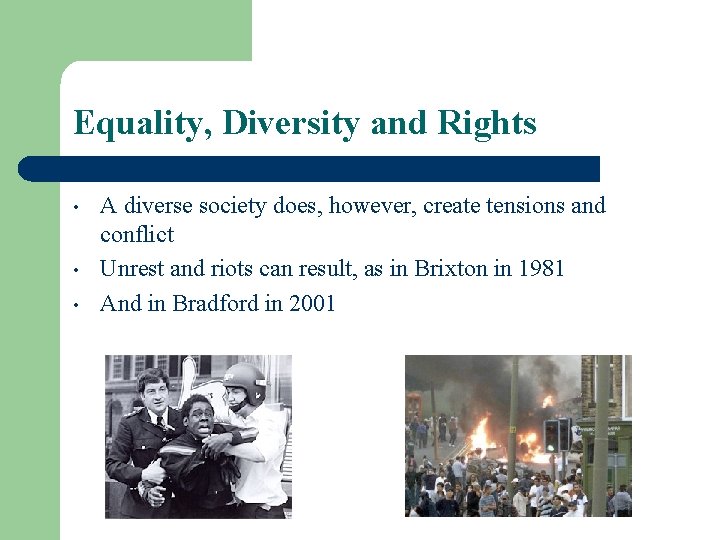 Equality, Diversity and Rights • • • A diverse society does, however, create tensions