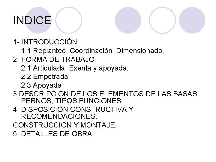 INDICE 1 - INTRODUCCIÓN 1. 1 Replanteo. Coordinación. Dimensionado. 2 - FORMA DE TRABAJO