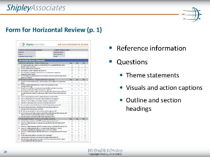 Form for Horizontal Review (p. 1) § Reference information § Questions • Theme statements