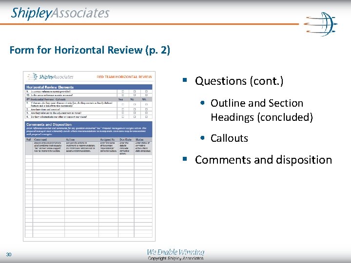Form for Horizontal Review (p. 2) § Questions (cont. ) • Outline and Section