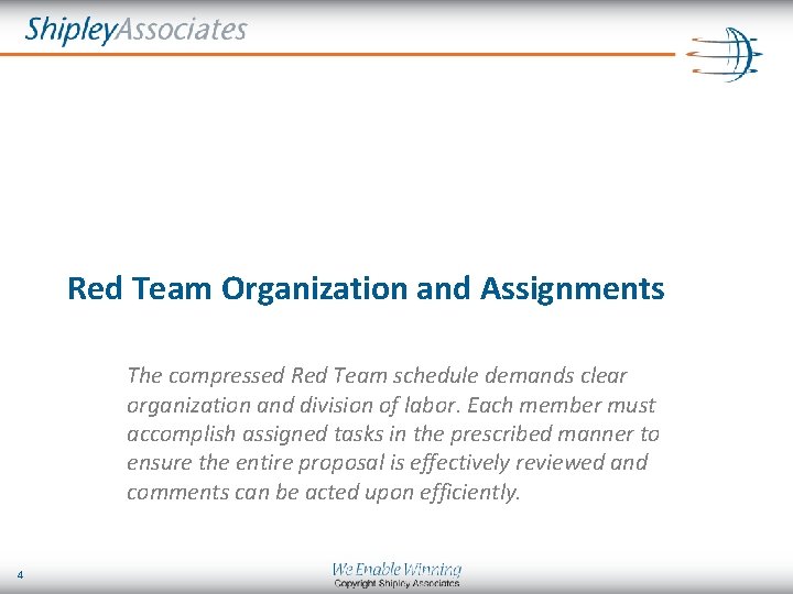 Red Team Organization and Assignments The compressed Red Team schedule demands clear organization and
