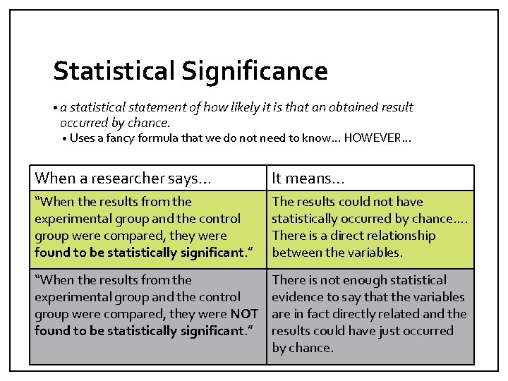 Statistical Significance • a statistical statement of how likely it is that an obtained