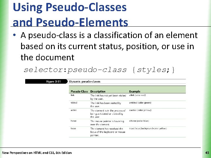 Using Pseudo-Classes and Pseudo-Elements XP • A pseudo-class is a classification of an element