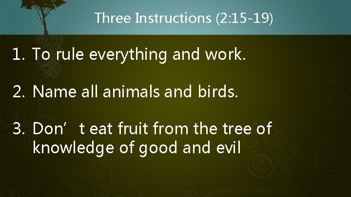 Three Instructions (2: 15 -19) 1. To rule everything and work. 2. Name all