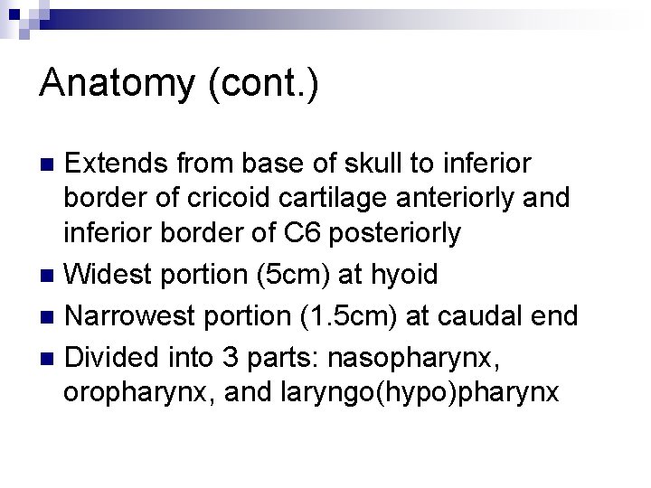 Anatomy (cont. ) Extends from base of skull to inferior border of cricoid cartilage
