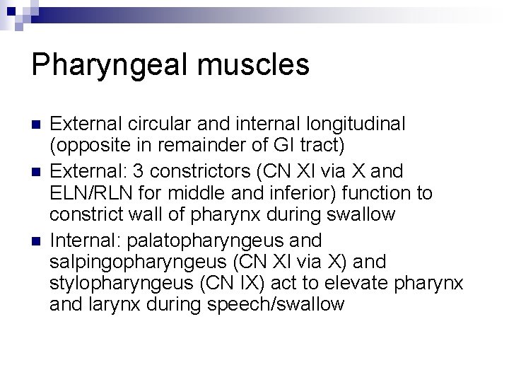 Pharyngeal muscles n n n External circular and internal longitudinal (opposite in remainder of