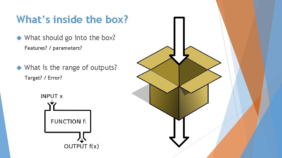 What’s inside the box? What should go into the box? Features? / parameters? What