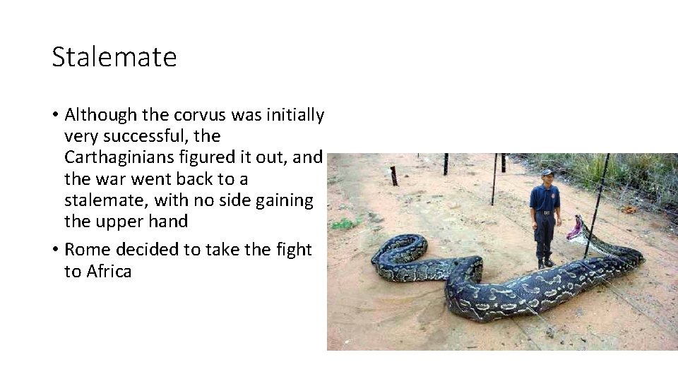Stalemate • Although the corvus was initially very successful, the Carthaginians figured it out,