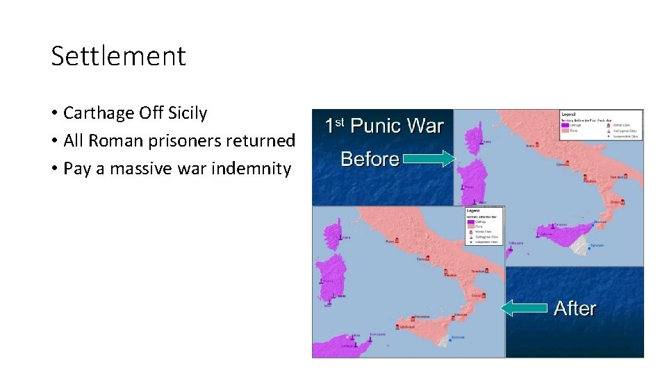 Settlement • Carthage Off Sicily • All Roman prisoners returned • Pay a massive