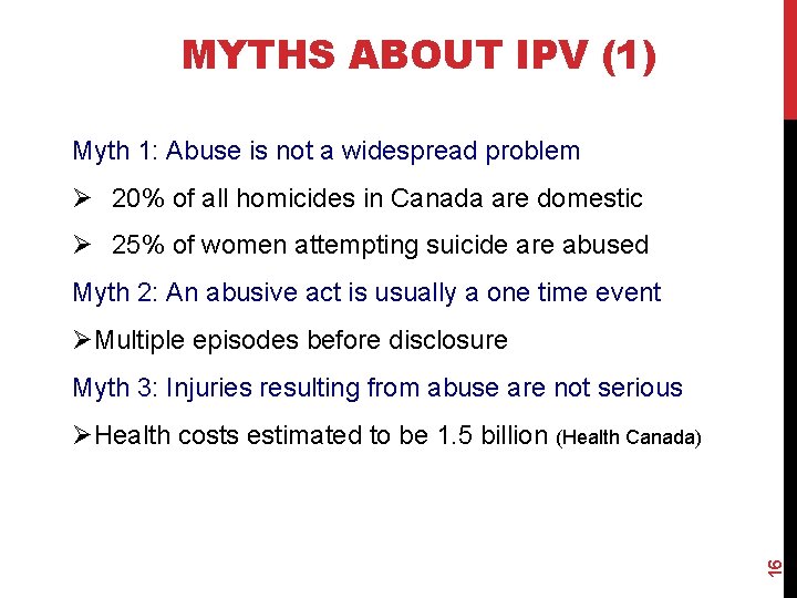 MYTHS ABOUT IPV (1) Myth 1: Abuse is not a widespread problem Ø 20%