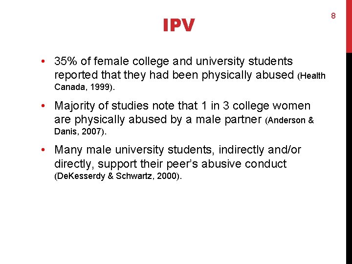 IPV • 35% of female college and university students reported that they had been