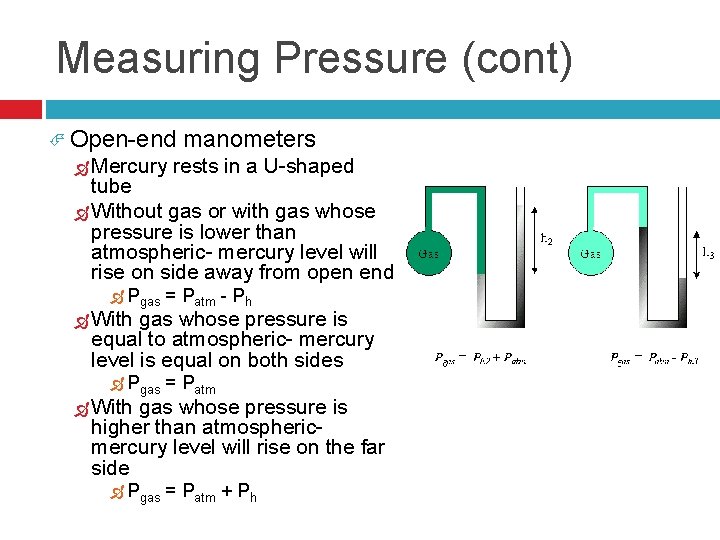 Measuring Pressure (cont) Open-end Mercury manometers rests in a U-shaped tube Without gas or