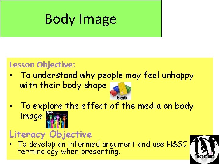 Body Image Lesson Objective: • To understand why people may feel unhappy with their Body Image Lesson Objective: • To understand why people may feel unhappy with their