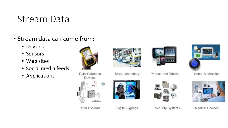 Stream Data • Stream data can come from: • • • Devices Sensors Web