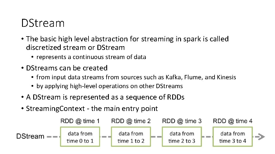 DStream • The basic high level abstraction for streaming in spark is called discretized