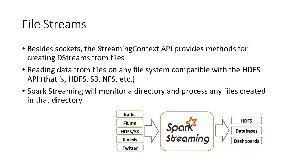 File Streams • Besides sockets, the Streaming. Context API provides methods for creating DStreams File Streams • Besides sockets, the Streaming. Context API provides methods for creating DStreams