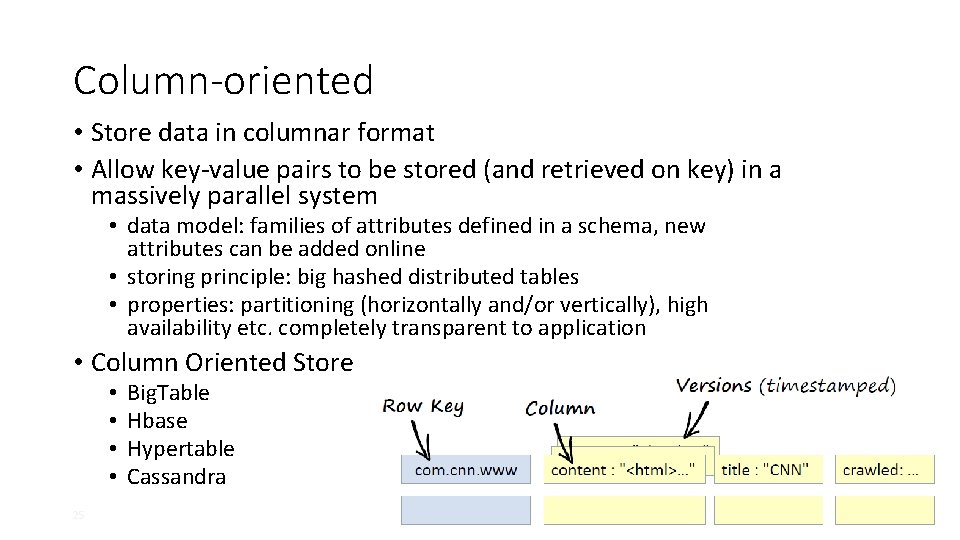 Column-oriented • Store data in columnar format • Allow key-value pairs to be stored Column-oriented • Store data in columnar format • Allow key-value pairs to be stored