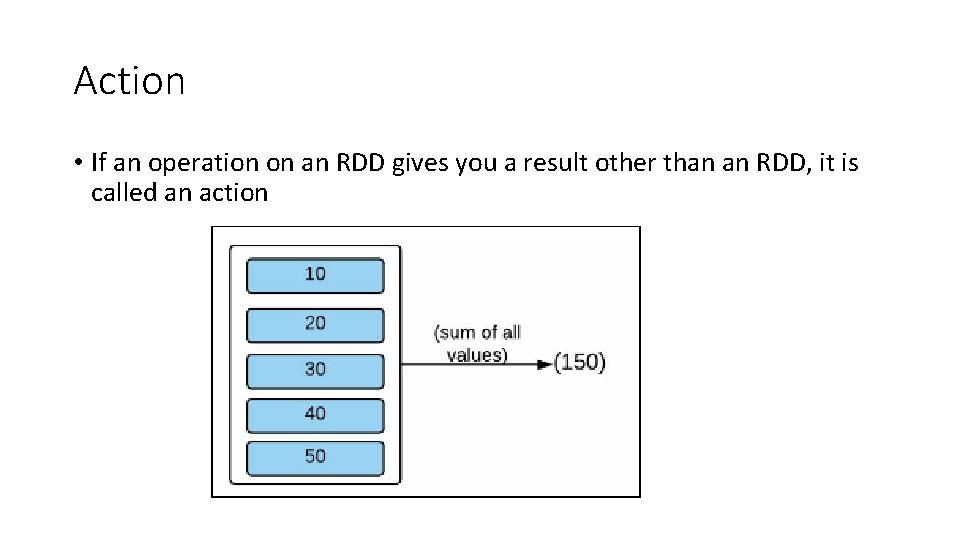 Action • If an operation on an RDD gives you a result other than