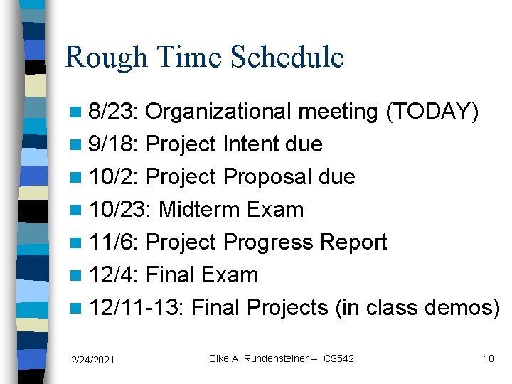 Rough Time Schedule n 8/23: Organizational meeting (TODAY) n 9/18: Project Intent due n