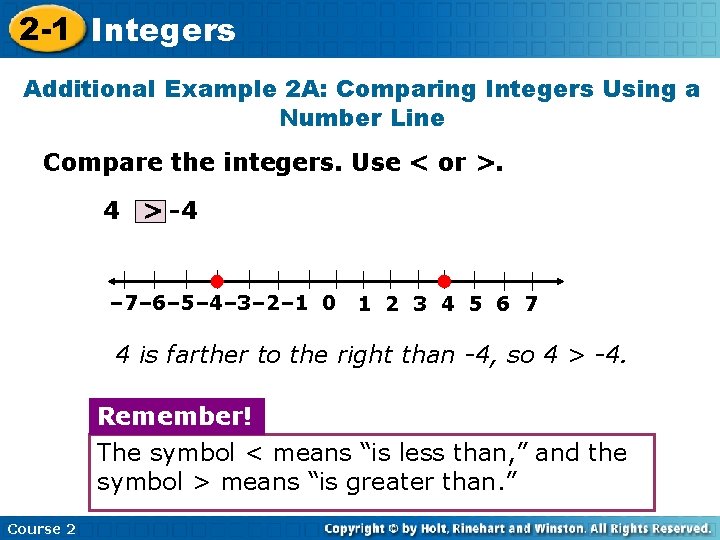 2 -1 Integers Additional Example 2 A: Comparing Integers Using a Number Line Compare