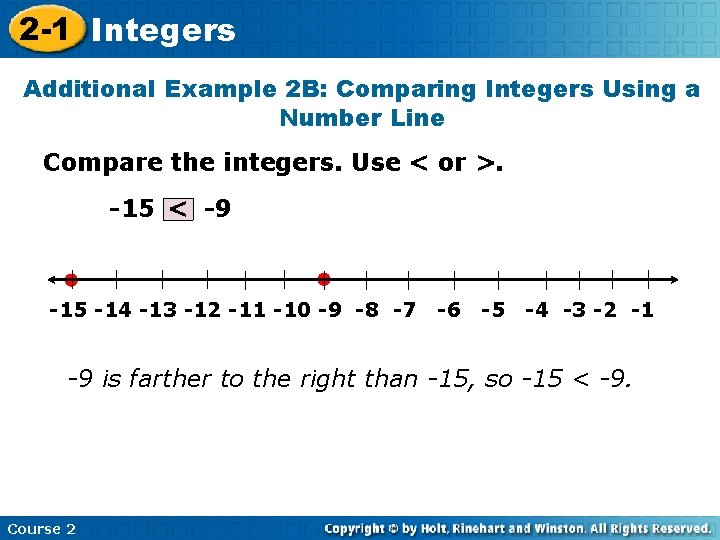 2 -1 Integers Additional Example 2 B: Comparing Integers Using a Number Line Compare