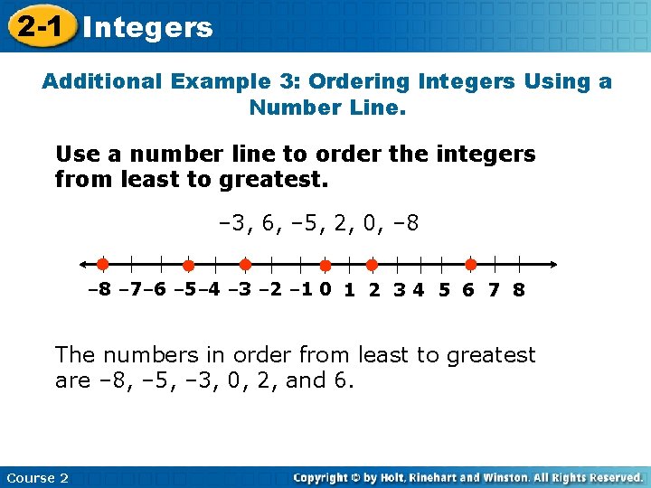 2 -1 Integers Additional Example 3: Ordering Integers Using a Number Line. Use a
