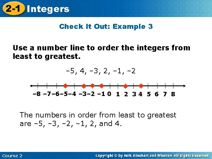 2 -1 Integers Check It Out: Example 3 Use a number line to order