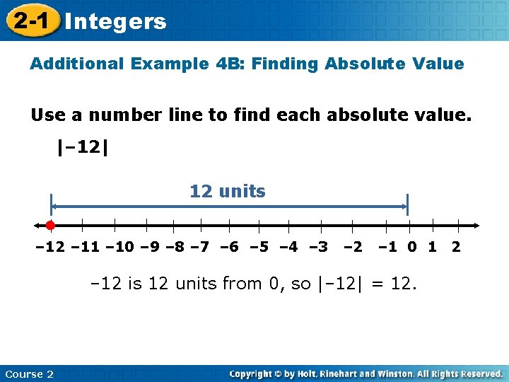 2 -1 Integers Additional Example 4 B: Finding Absolute Value Use a number line