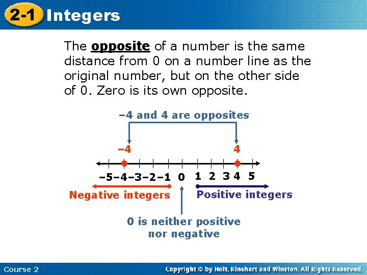 2 -1 Integers The opposite of a number is the same distance from 0