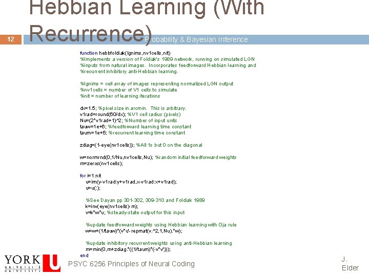 12 Hebbian Learning (With Recurrence) Probability & Bayesian Inference function hebbfoldiak(lgnims, nv 1 cells,