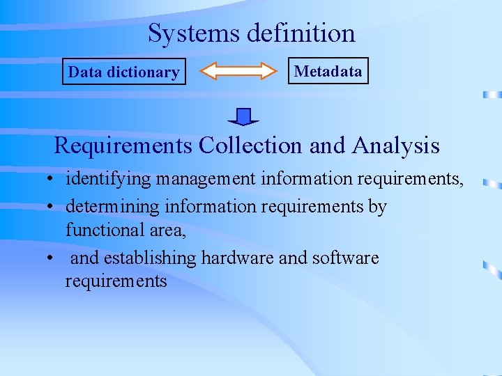 Systems definition Data dictionary Metadata Requirements Collection and Analysis • identifying management information requirements,