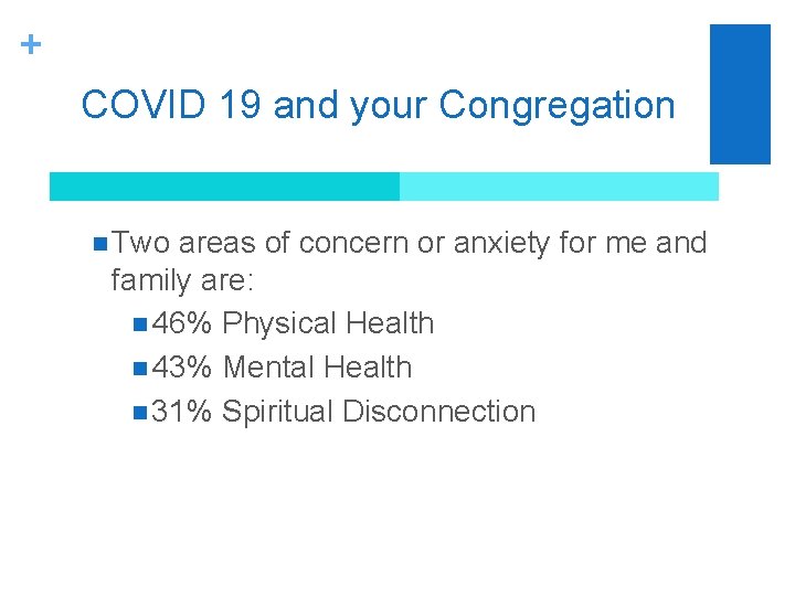 + COVID 19 and your Congregation n Two areas of concern or anxiety for