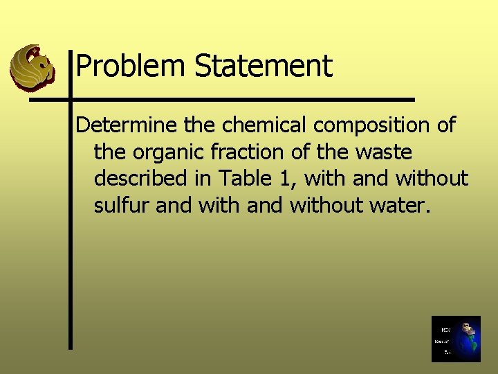 Problem Statement Determine the chemical composition of the organic fraction of the waste described