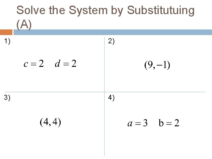 Solve the System by Substitutuing (A) 1) 2) 3) 4) Solve the System by Substitutuing (A) 1) 2) 3) 4)