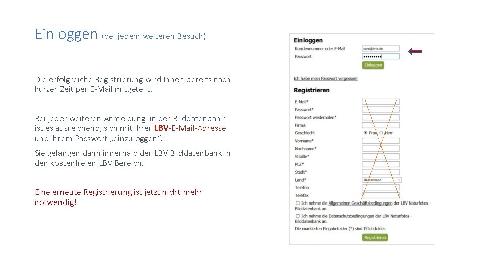 Einloggen (bei jedem weiteren Besuch) Die erfolgreiche Registrierung wird Ihnen bereits nach kurzer Zeit