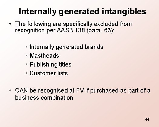 Internally generated intangibles • The following are specifically excluded from recognition per AASB 138