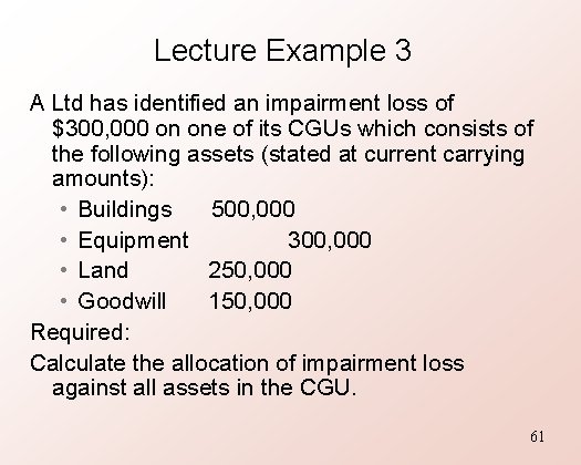 Lecture Example 3 A Ltd has identified an impairment loss of $300, 000 on